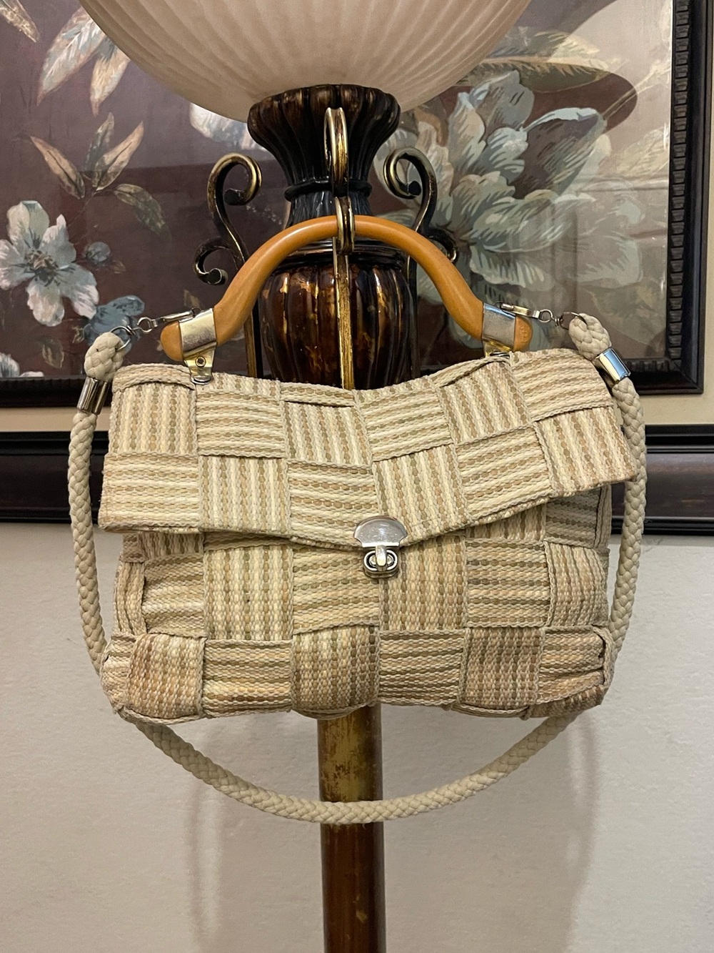 Woven Cream Tote Bag with Wooden Handle